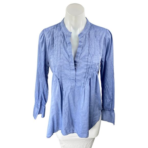 Ann Taylor LOFT Blue Long Sleeve Chambray Pintuck V Neck Shirt Blouse Top Size S - Picture 1 of 4